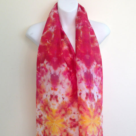 Reds & Gold Tie-Dye Silk Scarf - 11" x 57"