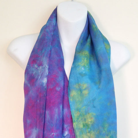 Purple To Green Tie-Dye Silk Scarf - 15" x 57"